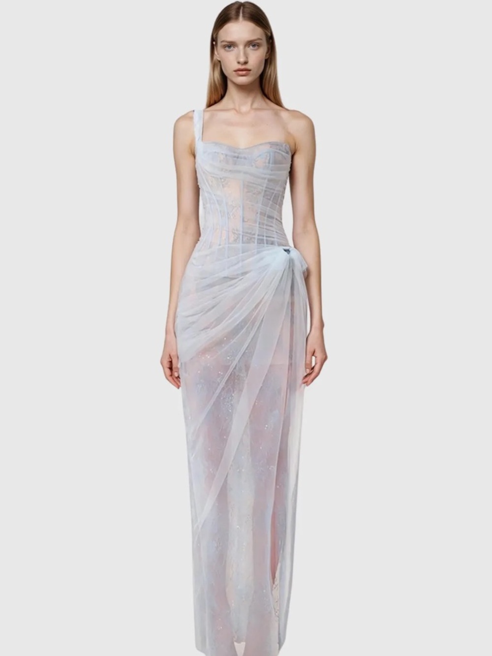 Dechen One Shoulder Corset Mesh Maxi Dress In Light Blue NWT